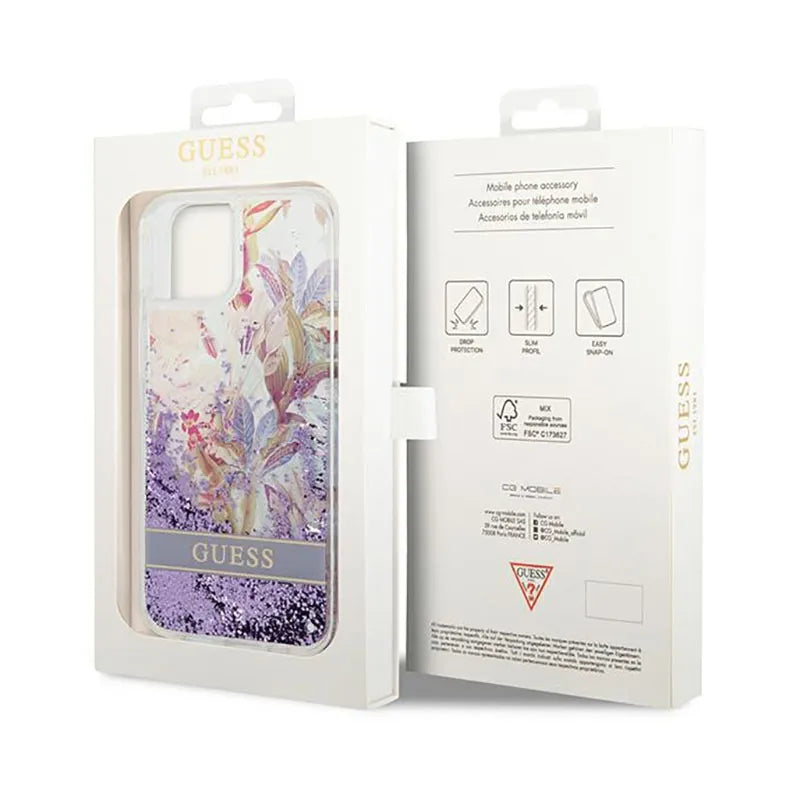 Guess Liquid Glitter Flower – dėklas iPhone 14 Plus (violetinis)
