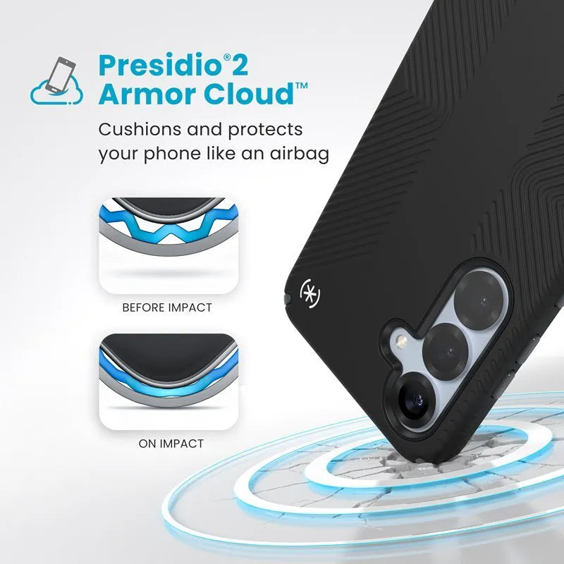 Speck Presidio2 Grip Magnet – dėklas Samsung Galaxy S25+ / 24+ su MagSafe (juodas/pilkas/baltas)