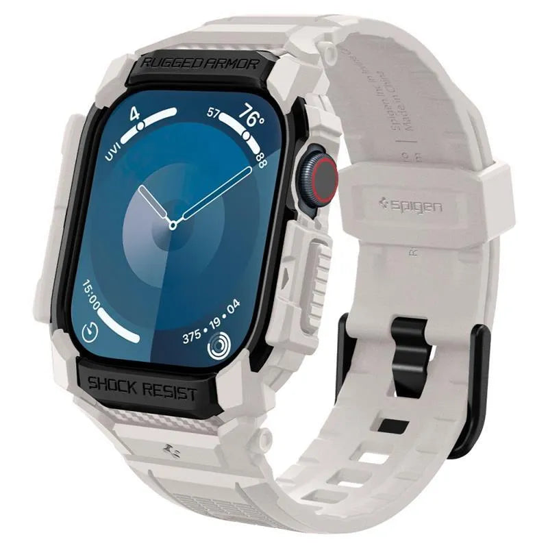 Spigen Rugged Armor Pro – dirželis su dėklu, skirtas Apple Watch 10 46 mm (smėlio spalvos)