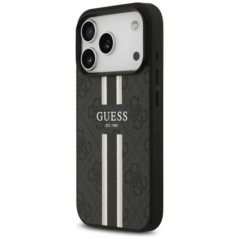Guess 4G Printed Stripes MagSafe – dėklas iPhone 17 Pro (juodas)