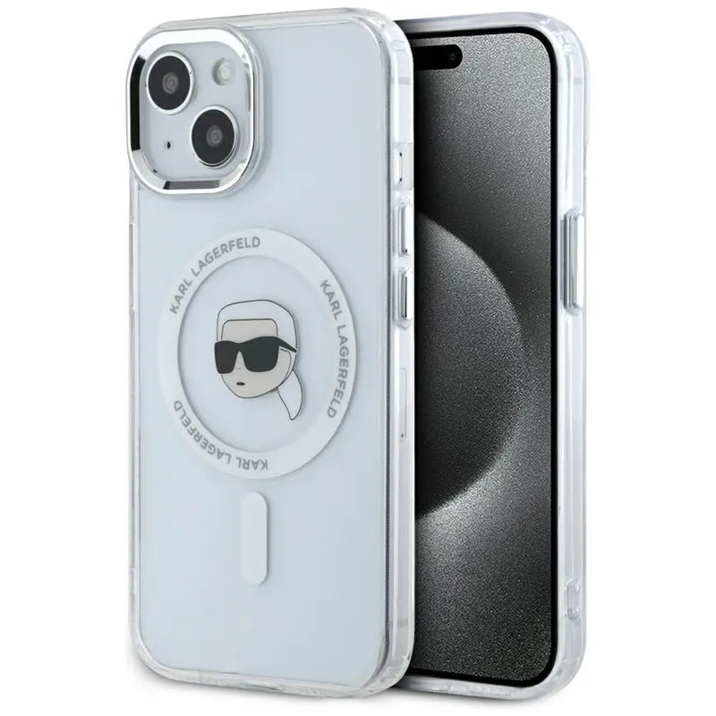Karl Lagerfeld IML Metal Karl Head MagSafe – dėklas, skirtas iPhone 15 (baltas)