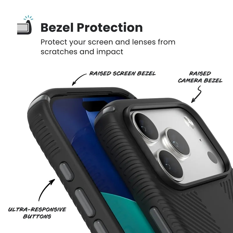 Speck Presidio2 Grip ClickLock & MagSafe – iPhone 17 Pro dėklas (juodas / pilkas / baltas)