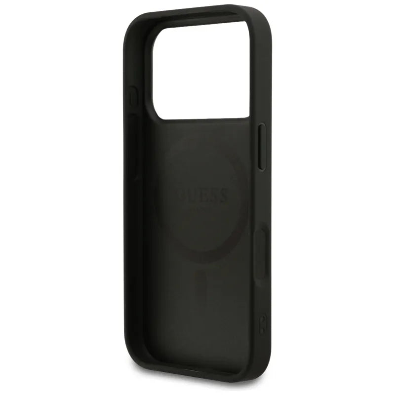Guess Grained Ring MagSafe – Dėklas iPhone 17 Pro (juodas)