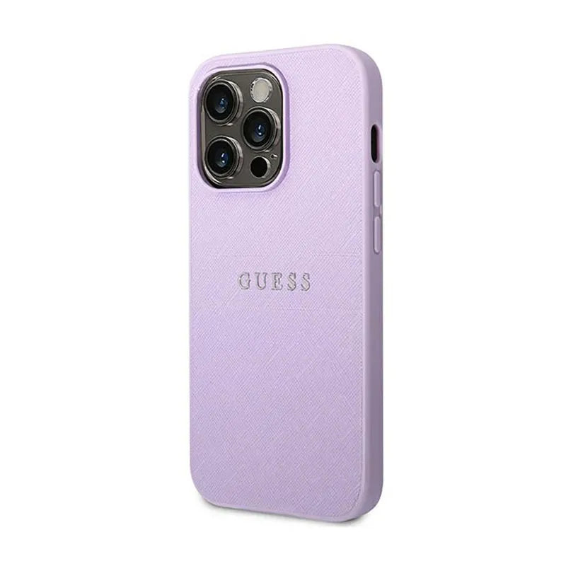 Guess Saffiano Metal Logo Stripes – dėklas, skirtas iPhone 14 Pro (alyvinės spalvos)