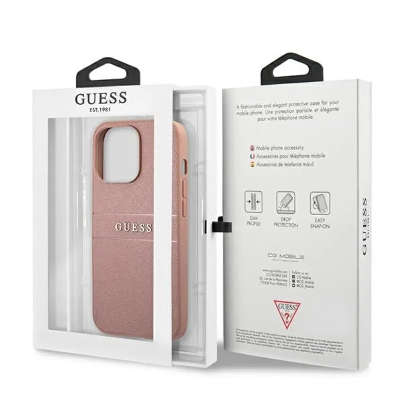 Guess Saffiano Metal Logo Stripes – dėklas iPhone 13 Pro Max telefonui (rožinis)