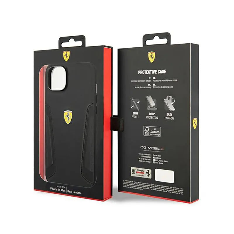 Ferrari Leather Stamp Sides – dėklas iPhone 14 Plus (juodas)