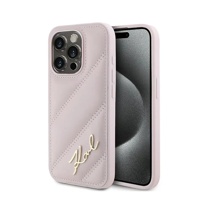 Karl Lagerfeld Diagonal Quilted Script – dėklas iPhone 15 Pro (rožinis)