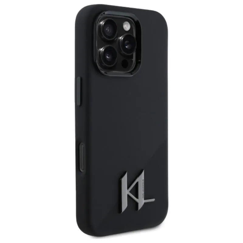 Karl Lagerfeld Silicone Shadow Metal Initial MagSafe – dėklas iPhone 16 Pro (juodas)