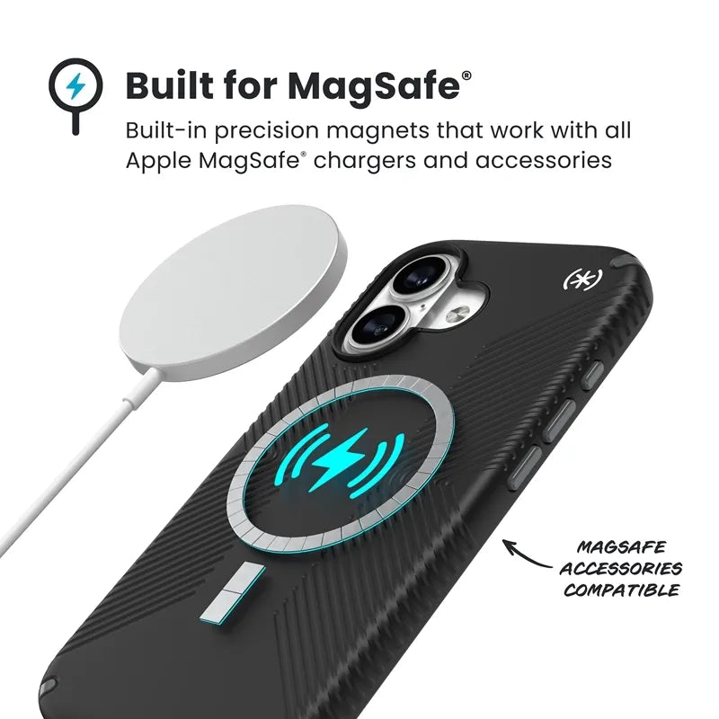 „Speck Presidio2 Grip MagSafe“ dėklas – „iPhone 17“ (juodas / skalūno pilkas / baltas)