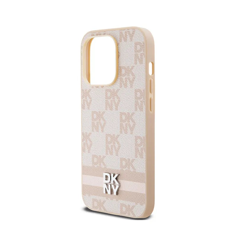 DKNY Leather Checkered Mono Pattern & Printed Stripes – iPhone 14 Pro dėklas (rožinis)