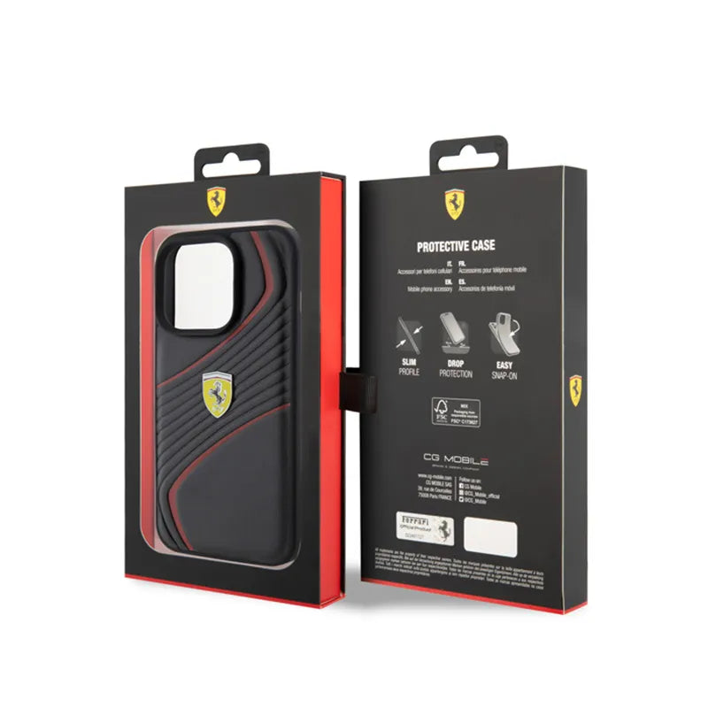 Ferrari Twist Metal Logo – dėklas, skirtas iPhone 15 Pro (juodas)