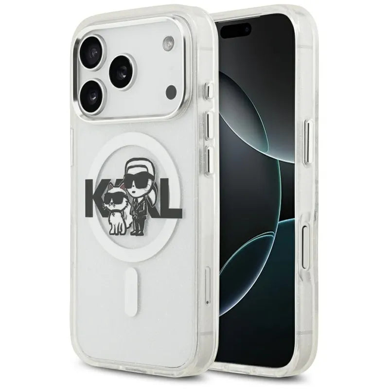 Karl Lagerfeld IML Glitter Karl & Choupette Sketch Logo MagSafe – Dėklas iPhone 17 Pro (skaidrus)