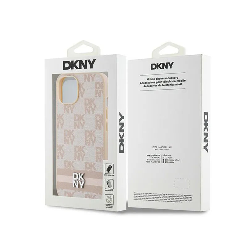DKNY Leather Checkered Mono Pattern & Printed Stripes – dėklas iPhone 14 / 15 / 13 (rožinis)