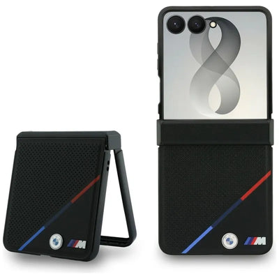 BMW M Leather Perforated Tricolor Stripe Metal Logos MagSafe – dėklas Samsung Galaxy Z Flip 8 (juodas)