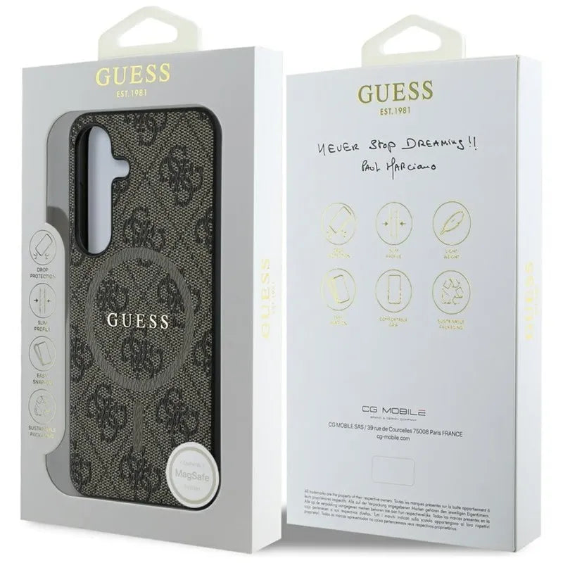 „Guess Leather 4G Colored Ring Classic Logo MagSafe“ – dėklas Samsung Galaxy S25 (ruda)