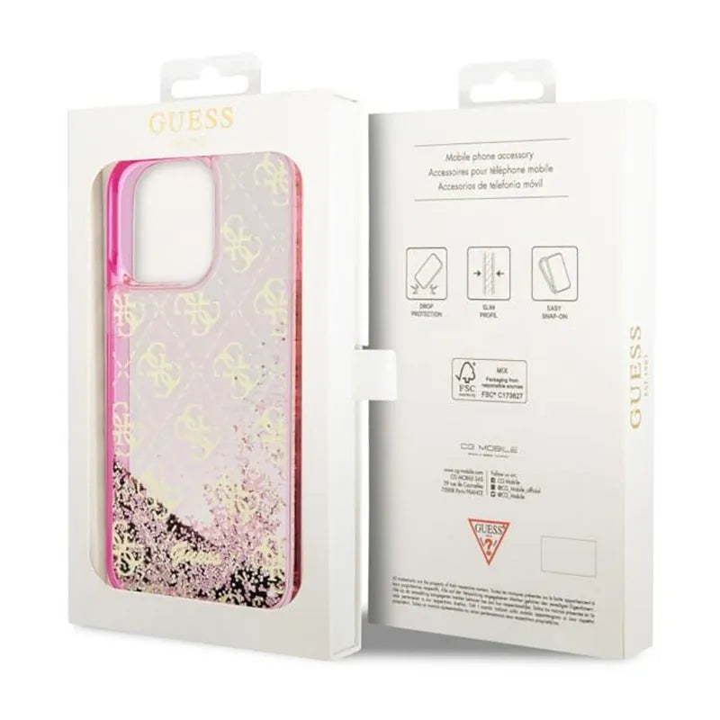 Guess Liquid Glitter Transculent 4G – dėklas skirtas iPhone 14 Pro Max (rožinis)