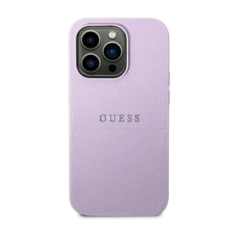Guess Saffiano Metal Logo Stripes – dėklas, skirtas iPhone 14 Pro (alyvinės spalvos)