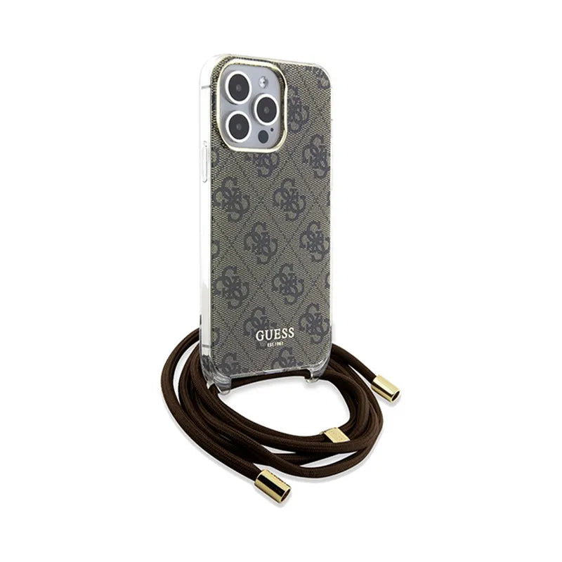 Guess Crossbody Cord 4G Print – dėklas iPhone 15 Pro telefonui (ruda)