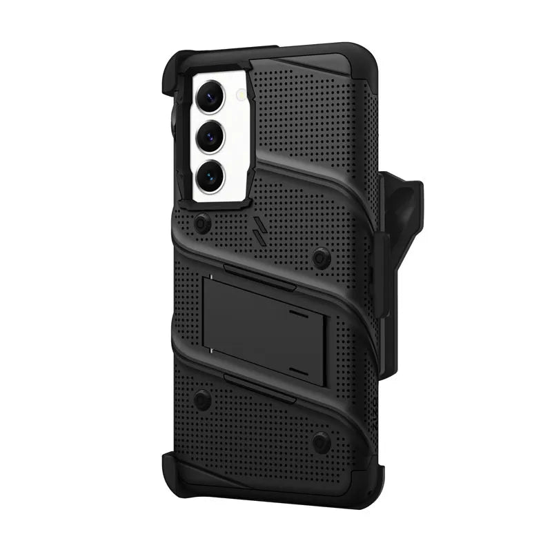 ZIZO BOLT serijos šarvuotas dėklas Samsung Galaxy S23+ su 9H ekrano stiklu ir laikikliu su stovu (juodas)