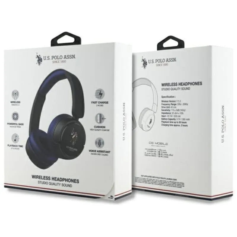 US Polo Assn DH Color Logo – belaidės ant ausų dedamos Bluetooth V5.3 ausinės (tamsiai mėlynos)