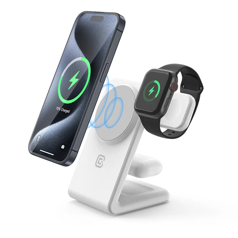 Crong MagSpot Pivot Stand - 3-in-1 belaidis įkroviklis su MagSafe skirta iPhone, Apple Watch ir AirPods (baltas)