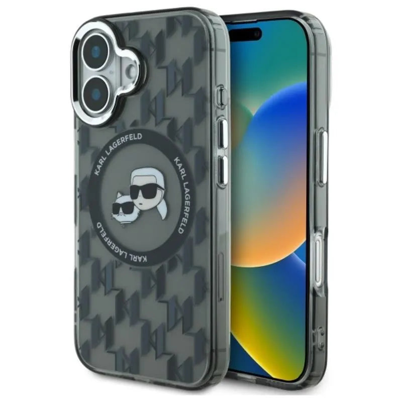 Karl Lagerfeld IML Monogram Karl & Choupette Head MagSafe – dėklas, skirtas iPhone 16 (juodas)