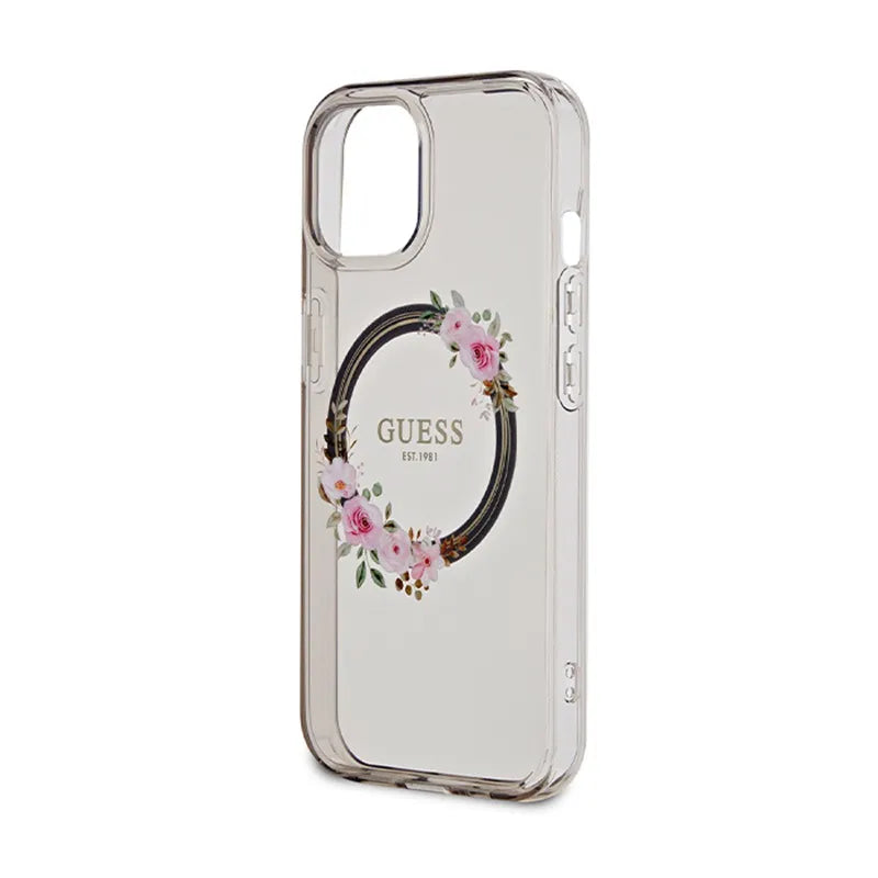 Guess IML Flowers Wreath MagSafe – dėklas iPhone 15 (juodas)