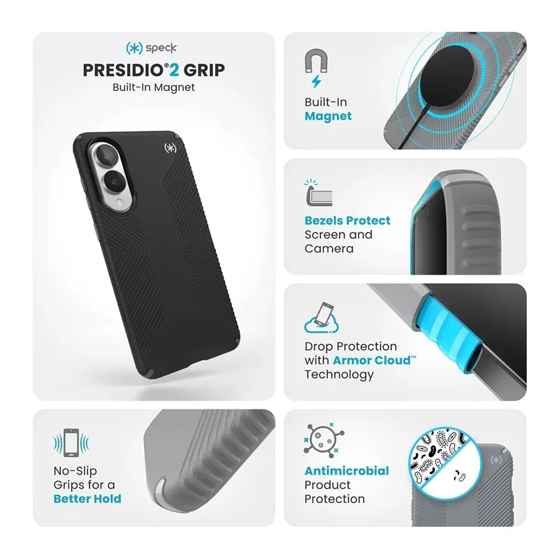 Speck Presidio2 Grip Magnet – dėklas Samsung Galaxy S25 Edge su MagSafe (juodas/pilkas/baltas)