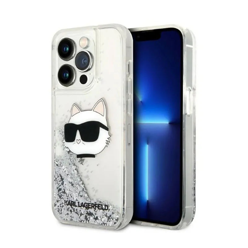 Karl Lagerfeld Liquid Glitter NFT Choupette Head – dėklas iPhone 14 Pro (sidabrinis)
