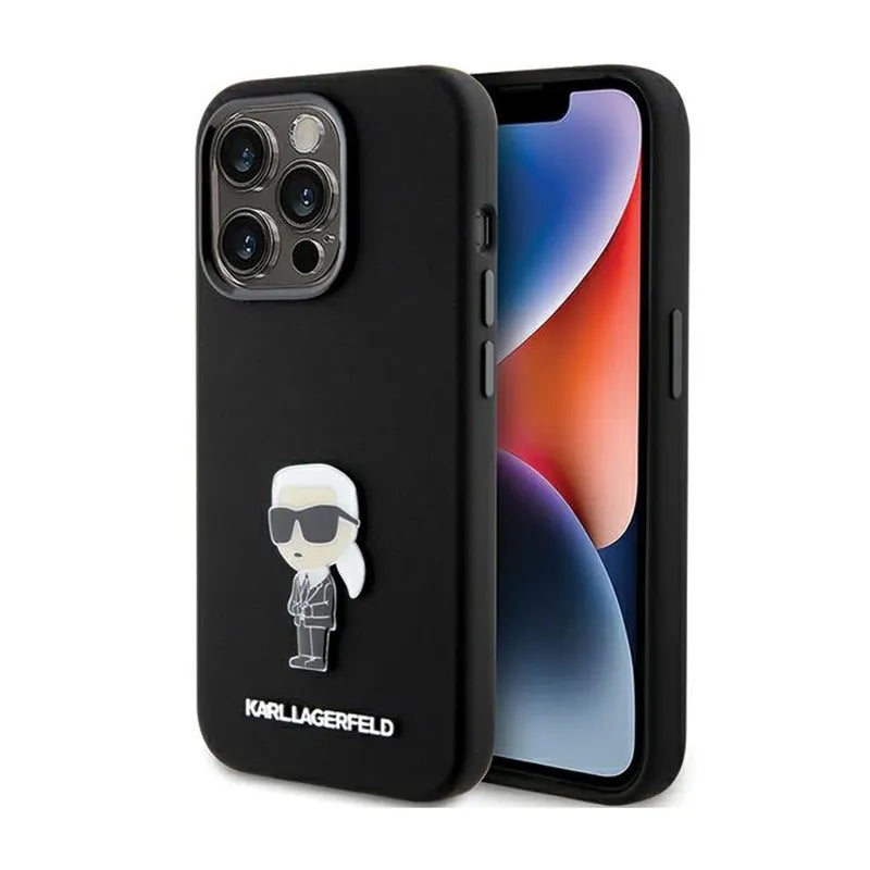Karl Lagerfeld Silicone Ikonik Metal Pin - dėklas telefonui iPhone 15 Pro (juodas)