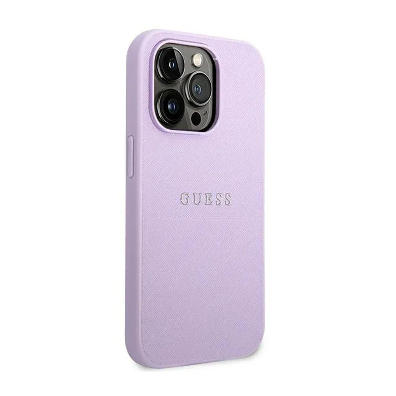 Guess Saffiano Metal Logo Stripes – dėklas, skirtas iPhone 14 Pro (alyvinės spalvos)