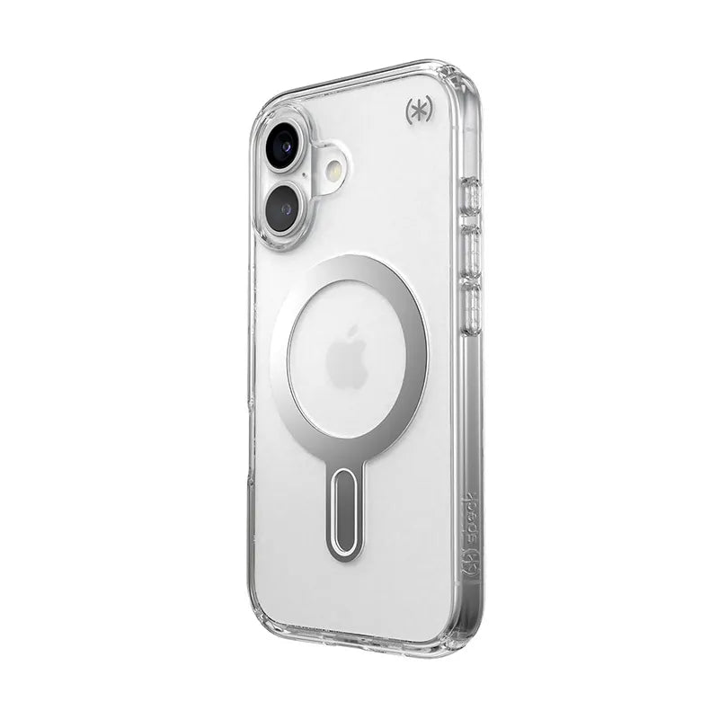 Speck Presidio Perfect-Clear ClickLock & MagSafe – dėklas iPhone 16 (skaidrus / chromo apdaila / Serene Silver)