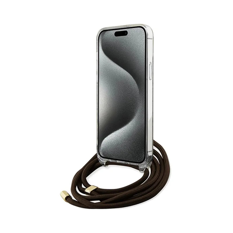 Guess Crossbody Cord 4G Print – dėklas iPhone 15 Pro telefonui (ruda)