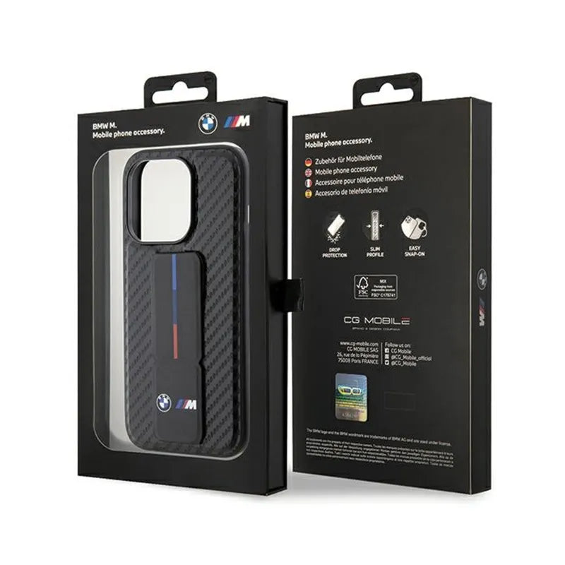BMW Grip Stand Smooth & Carbon - dėklas iPhone 15 Pro (juodas)