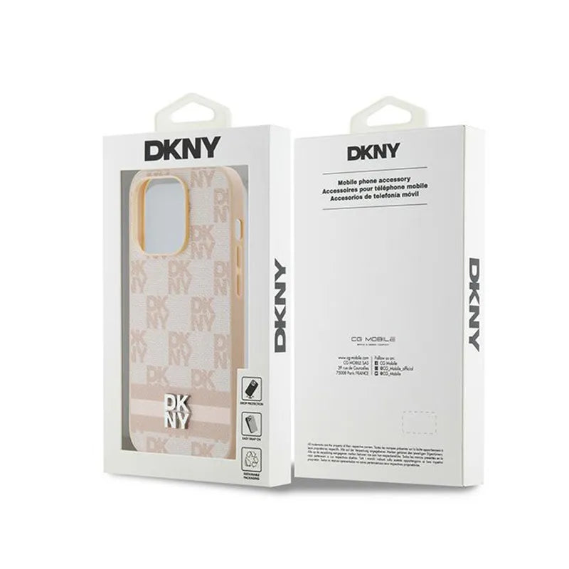 DKNY Leather Checkered Mono Pattern & Printed Stripes – iPhone 14 Pro dėklas (rožinis)