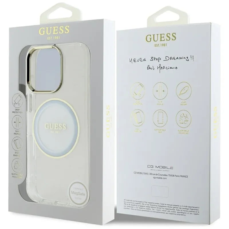 Guess IML Metal Colored Circle Classic Logo MagSafe - dėklas iPhone 16 Pro (baltas)