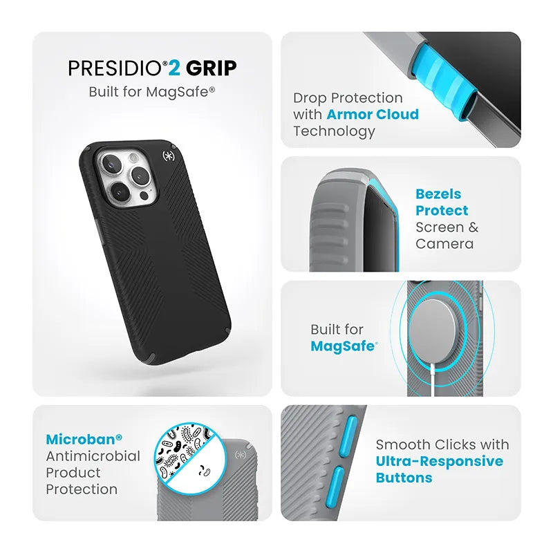 Speck Presidio2 Grip MagSafe – dėklas iPhone 15 Pro (juodas / skalūno pilkas / baltas)