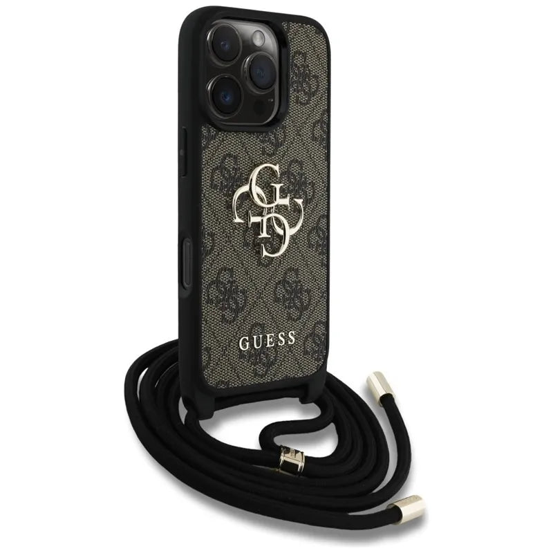 Guess 4G Big Logo Cord Strap Crossbody – dėklas iPhone 16 Pro (rudos spalvos)