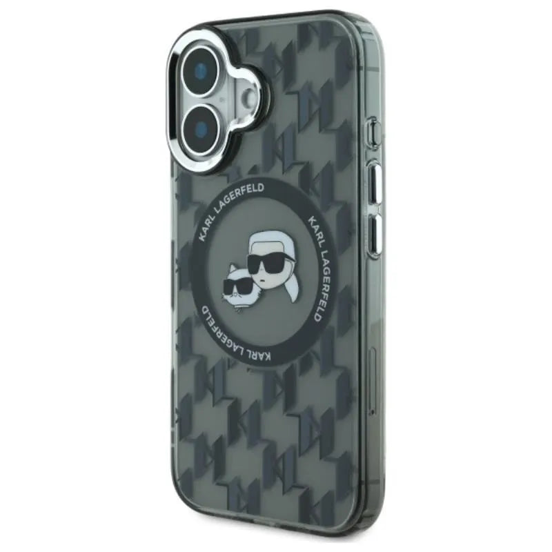 Karl Lagerfeld IML Monogram Karl & Choupette Head MagSafe – dėklas, skirtas iPhone 16 (juodas)