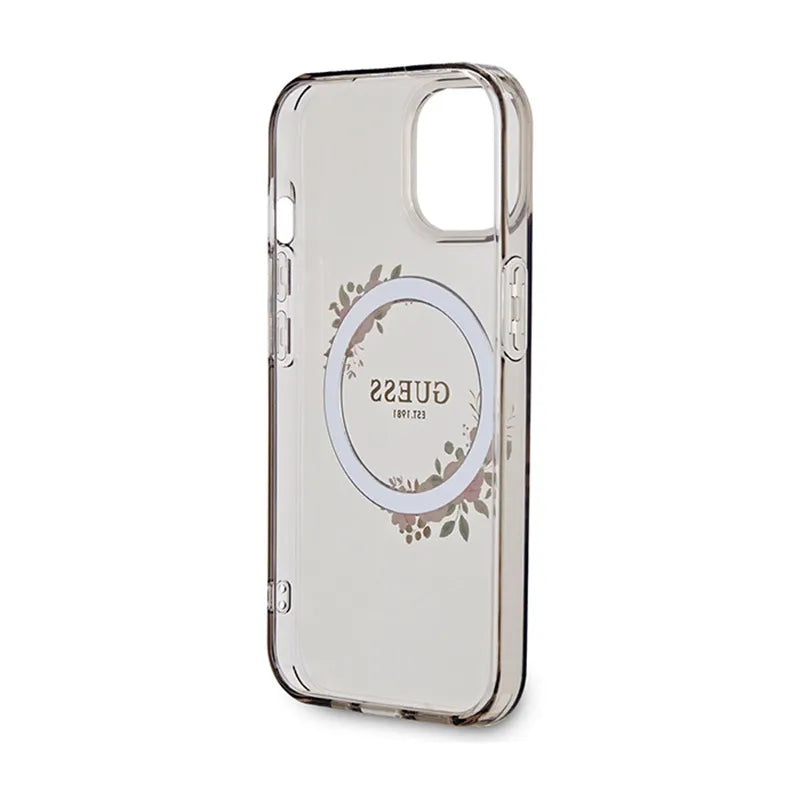 Guess IML Flowers Wreath MagSafe – dėklas iPhone 15 (juodas)