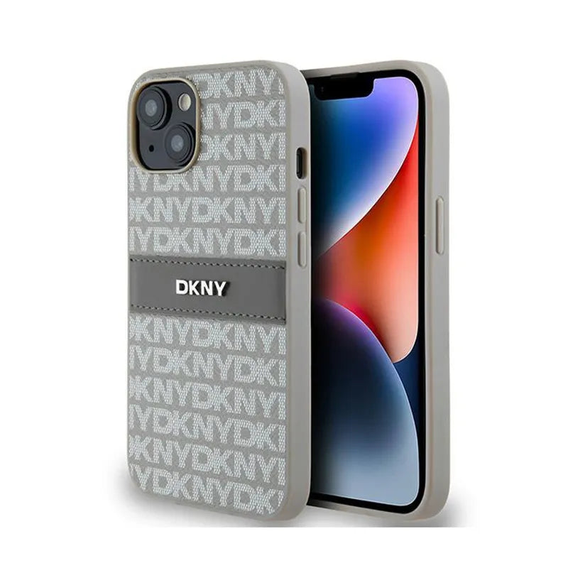 DKNY Leather Mono Stripe & Metal Logo – dėklas iPhone 14 / 15 / 13 (smėlio spalvos)