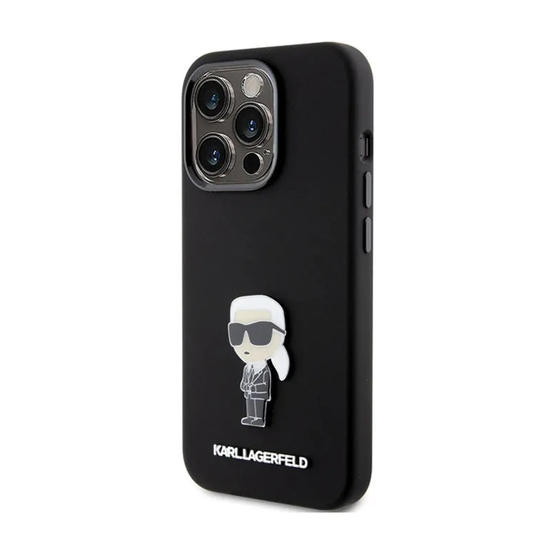 Karl Lagerfeld Silicone Ikonik Metal Pin - dėklas telefonui iPhone 15 Pro (juodas)