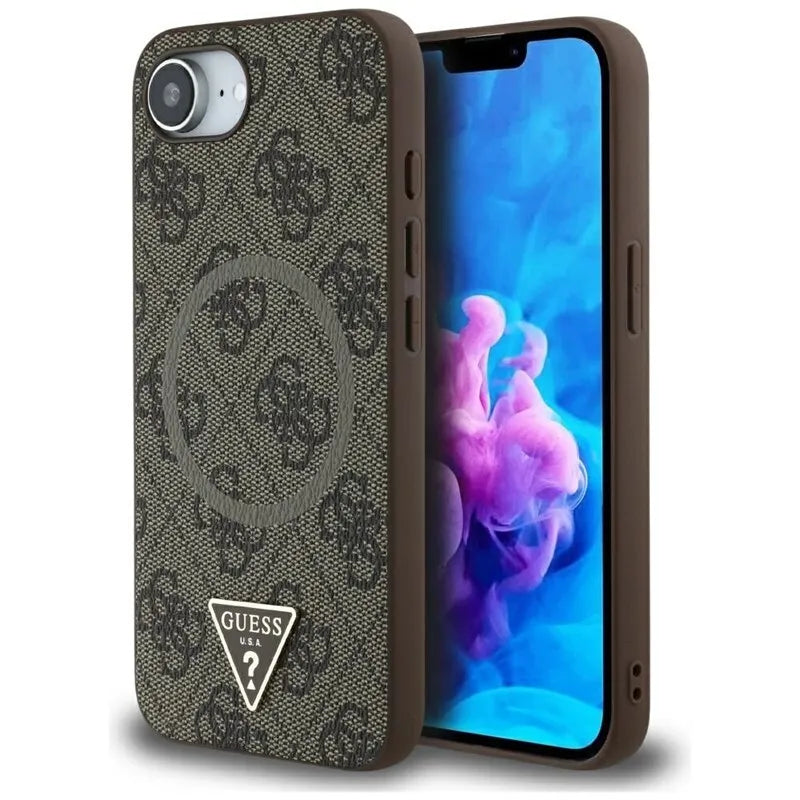 Guess 4G Ring Triangle Logo MagSafe – dėklas iPhone 16e (rudos spalvos)