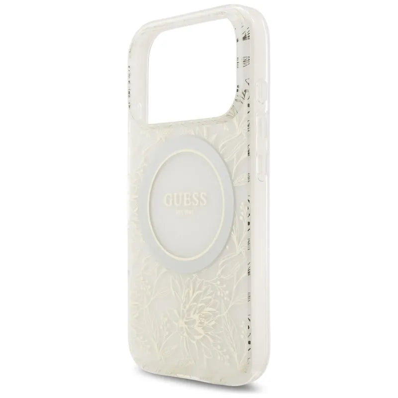 „Guess IML Flowers Electro Pearl Strap MagSafe“ – dėklas „iPhone 17 Pro“ (baltas)