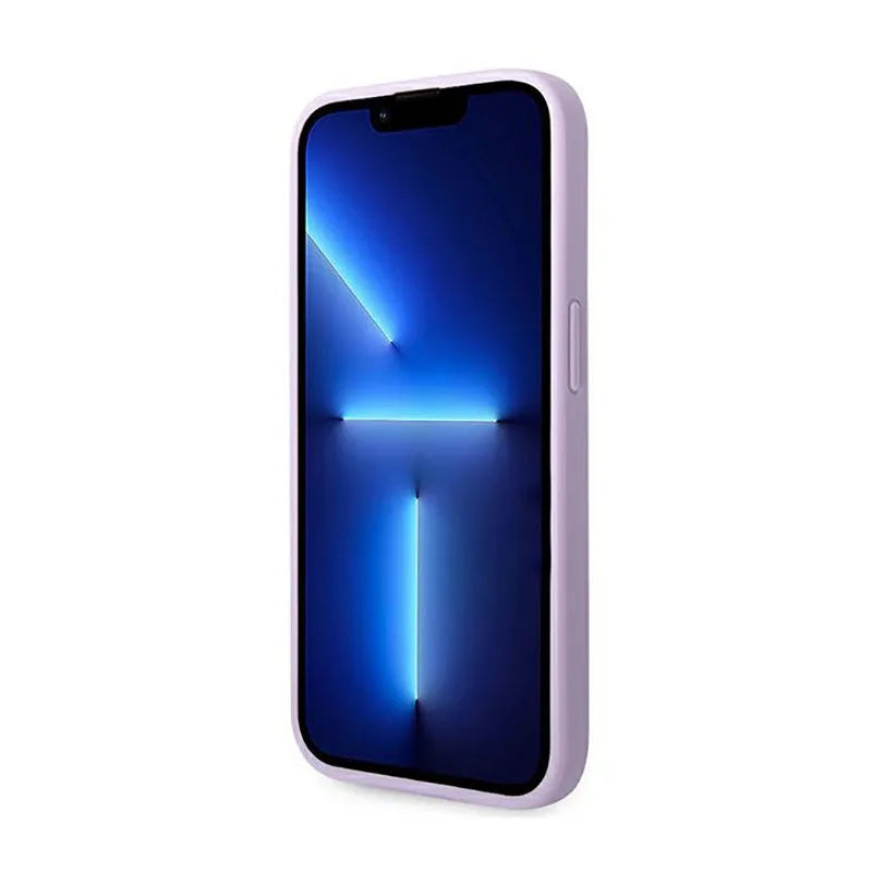 Guess Saffiano Metal Logo Stripes – dėklas, skirtas iPhone 14 Pro (alyvinės spalvos)