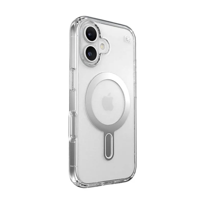 Speck Presidio Perfect-Clear ClickLock & MagSafe – dėklas iPhone 16 (skaidrus / chromo apdaila / Serene Silver)