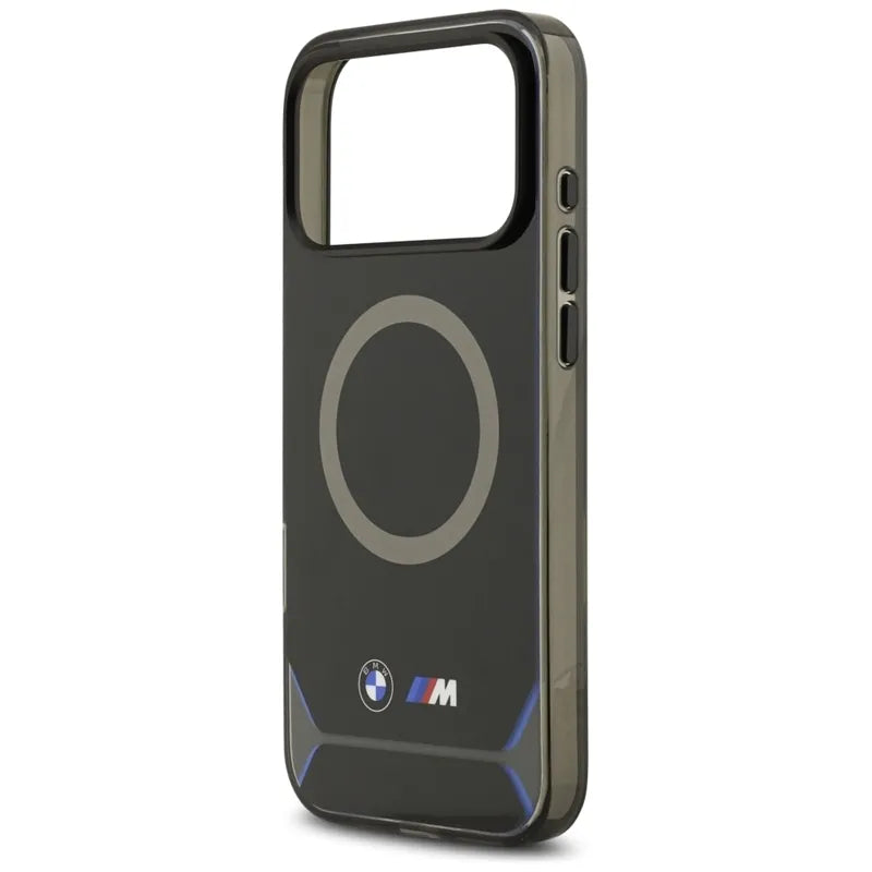 BMW M IML Metal Buttons & Logo MagSafe – dėklas iPhone 17 Pro Max (juoda-mėlyna)