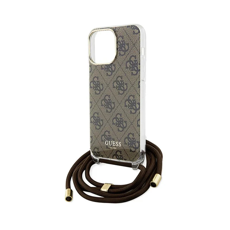 Guess Crossbody Cord 4G Print – dėklas iPhone 15 Pro telefonui (ruda)