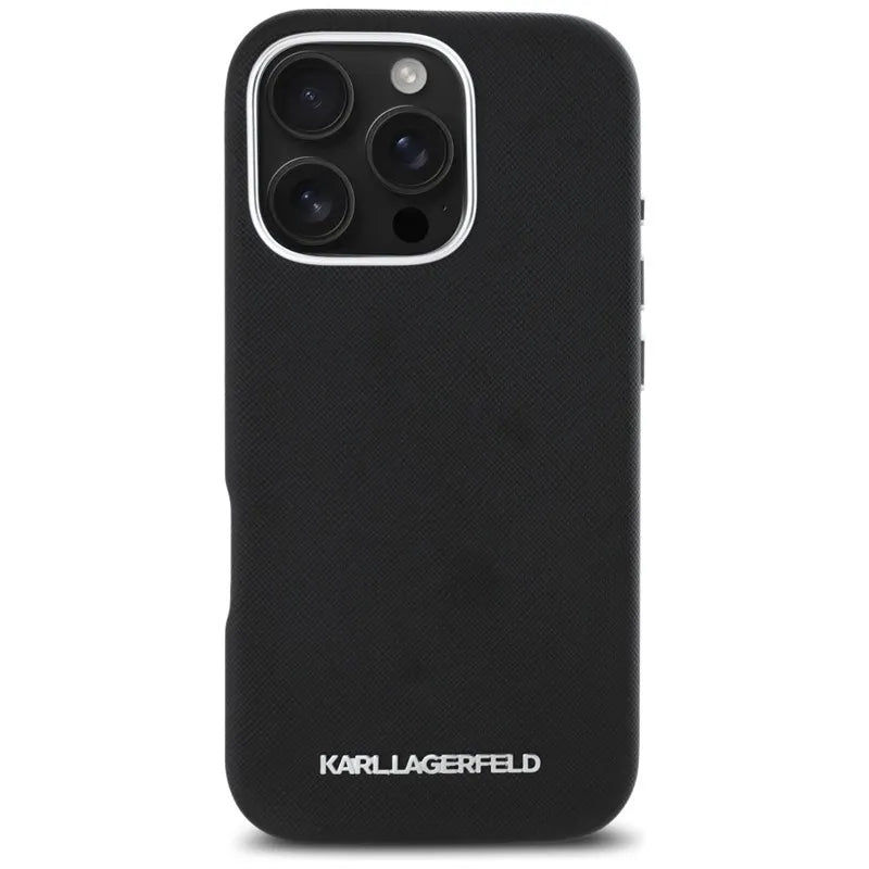 Karl Lagerfeld Saffiano Full Wrapped Elongated Metal Logo MagSafe – dėklas iPhone 16 Pro (juodas)