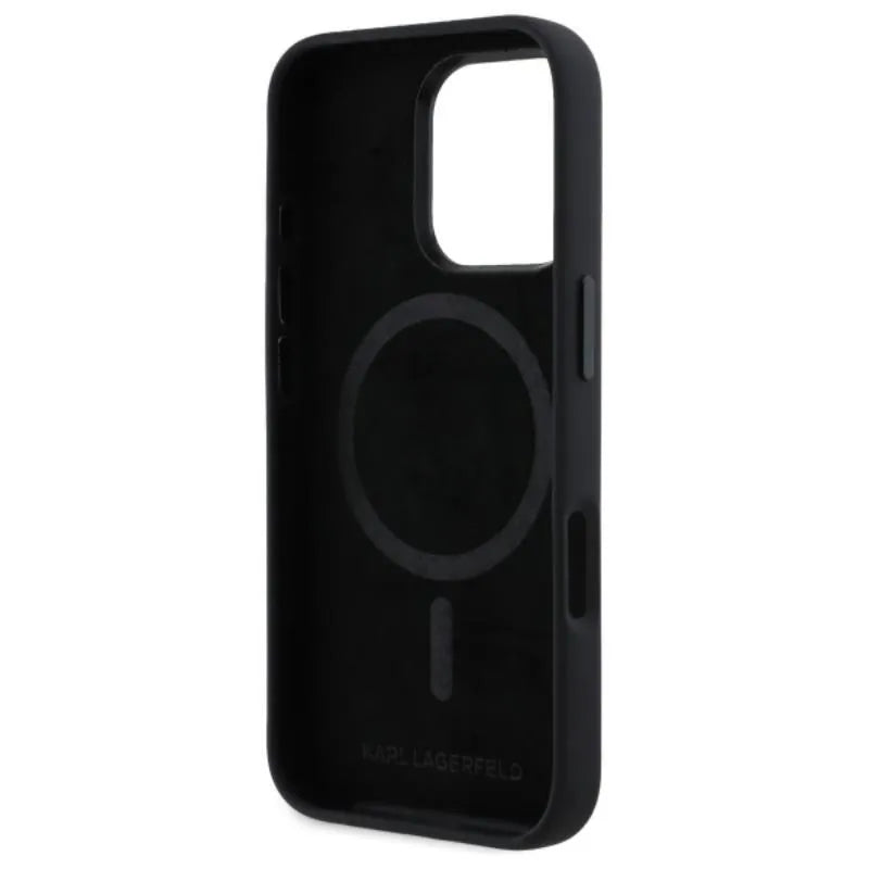 Karl Lagerfeld Silicone Shadow Metal Initial MagSafe – dėklas iPhone 16 Pro (juodas)